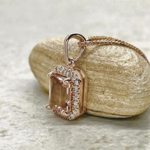 Radiant Cut Morganite Diamond Pendant Bridal Necklace Rose Gold LS7083