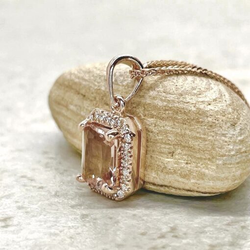 Radiant Cut Morganite Pendant Diamond Bridal Necklace Rose Gold LS7083