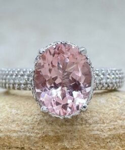 Rare Pink Oval Morganite Ring Hidden Halo White Gold Platinum LS6609