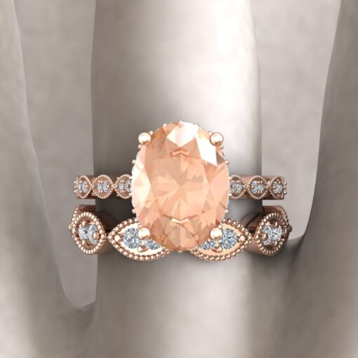 Custom Oval Morganite Engagement Ring with Marquise-Shaped Wedding Band - Image 11