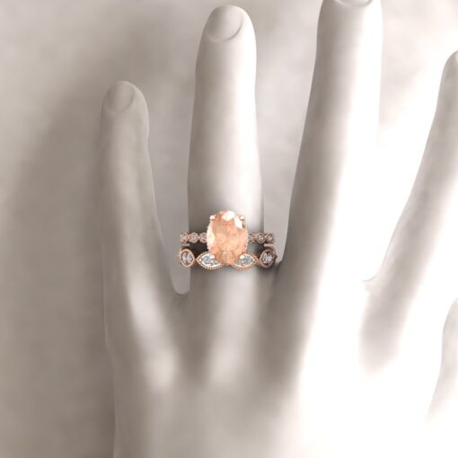 Custom Oval Morganite Engagement Ring with Marquise-Shaped Wedding Band - Image 12