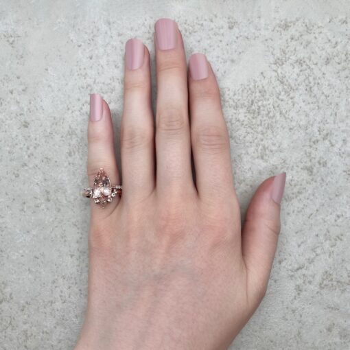 AAA Pear Cut Peach Morganite Diamond Wedding Ring Set Rose Gold LS6779