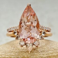 Elongated Pear Morganite Ring Set Matching Tiara Band Rose Gold LS6779