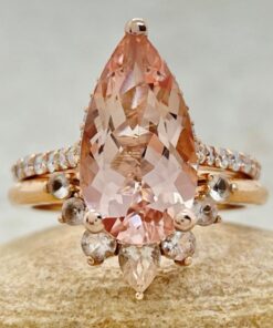 Elongated Pear Morganite Ring Set Matching Tiara Band Rose Gold LS6779