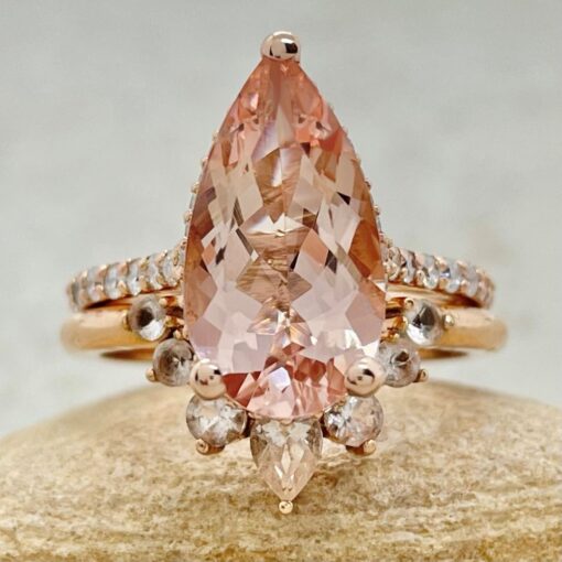 Elongated Pear Morganite Ring Set Matching Tiara Band Rose Gold LS6779