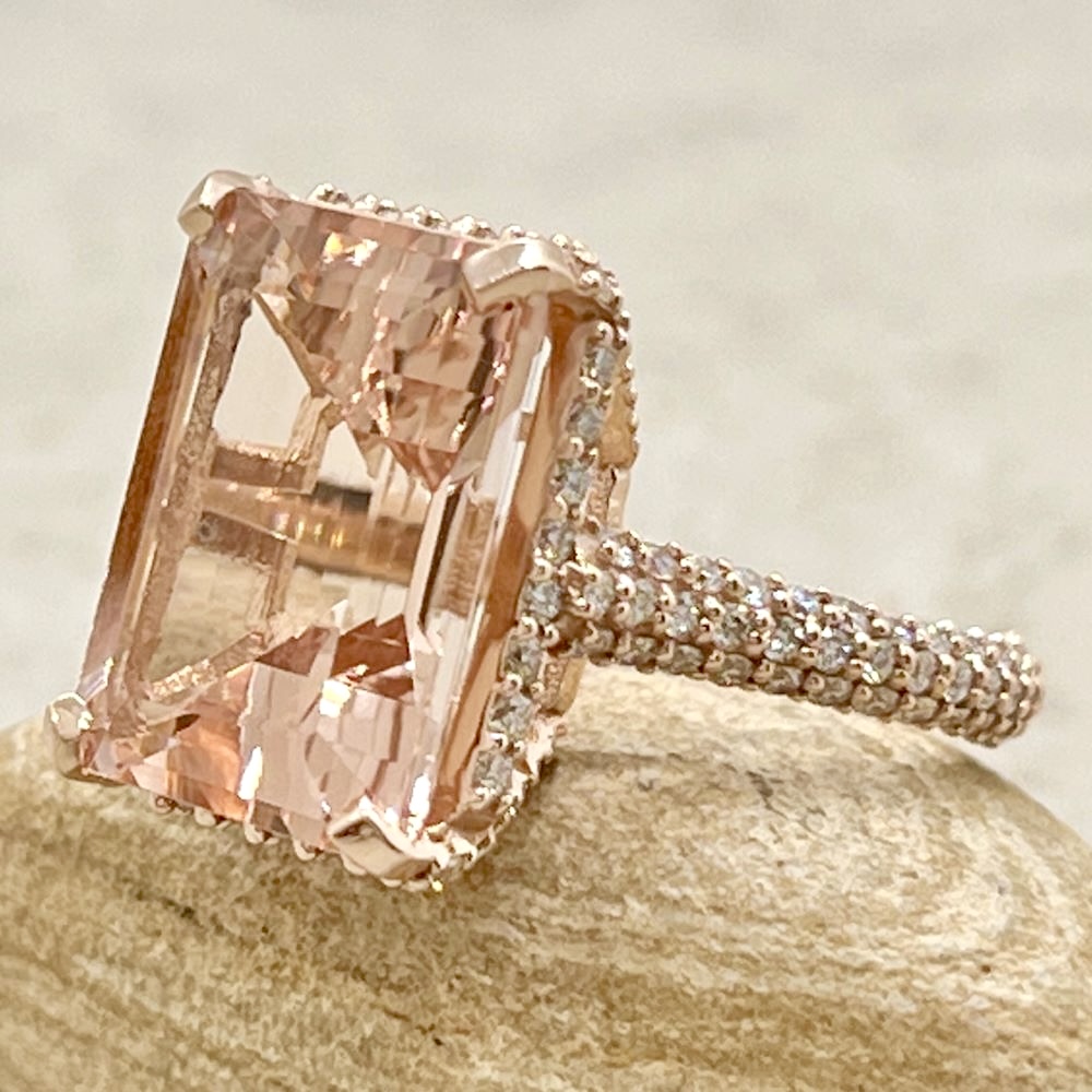 Emerald Cut Morganite Engagement Ring Diamond Shank Rose Gold LS6320