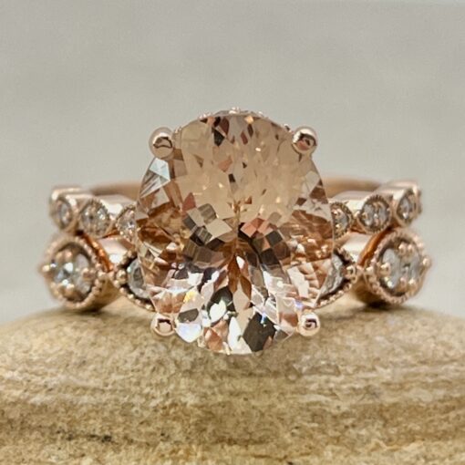 Custom Oval Morganite Engagement Ring with Marquise-Shaped Wedding Band - Image 2