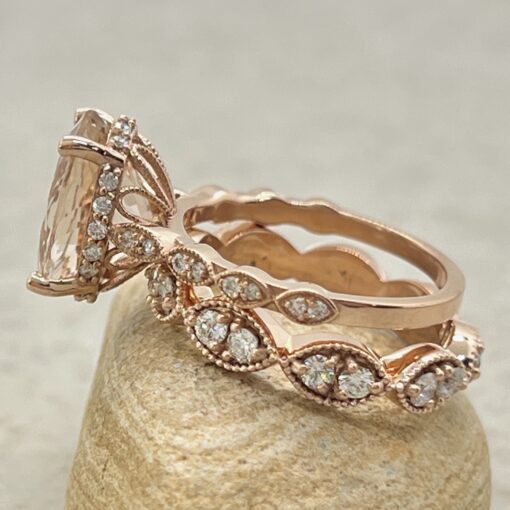 Custom Oval Morganite Engagement Ring with Marquise-Shaped Wedding Band - Image 3