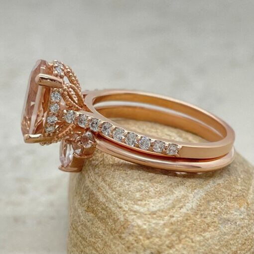 Morganite Bridal Ring Set Half Eternity Diamond Shank Rose Gold LS6767