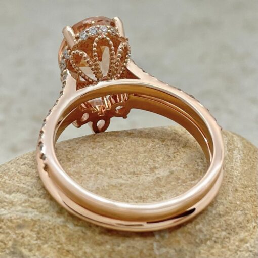 Morganite Engagement Ring Set Beaded Filigree Basket Rose Gold LS6767