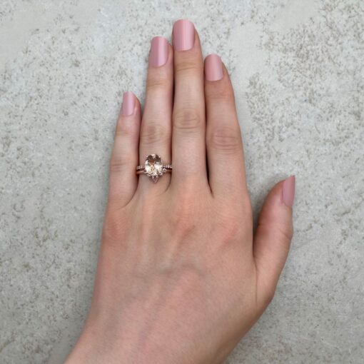 Oval Cut Peach Pink Morganite Diamond Bridal Ring Set Rose Gold LS6767