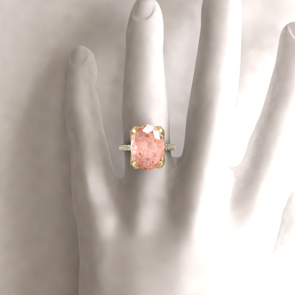 Oval Peachy Pink Morganite Diamond Studded Prongs Yellow Gold LS6475