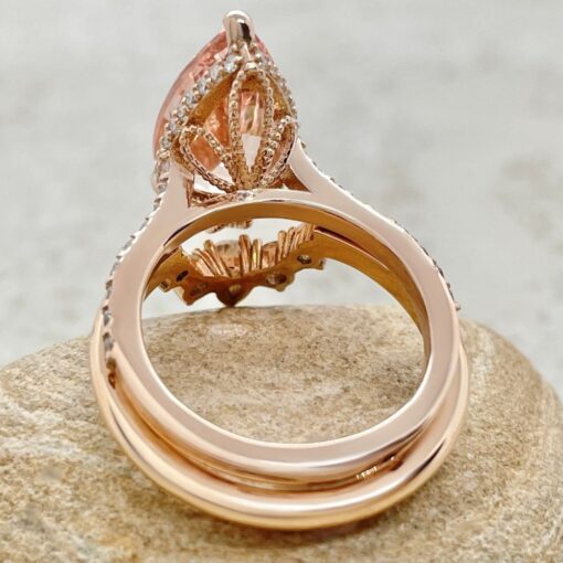 Peach Morganite Diamond Halo Ring Set Filigree Basket Rose Gold LS6779