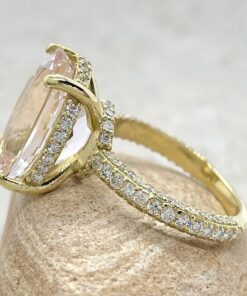 Peach Morganite Diamond Side Halo Engagement Ring Yellow Gold LS6427