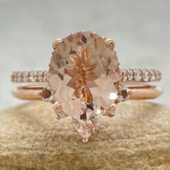 Peach Morganite Gemstone Ring Set Matching Tiara Band Rose Gold LS6767