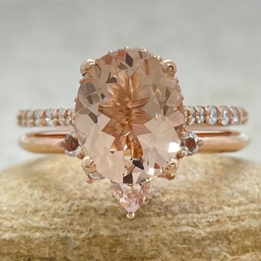 Peach Morganite Gemstone Ring Set Matching Tiara Band Rose Gold LS6767