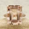 Peachy Pink Emerald Cut Morganite Diamond Halo Ring Rose Gold LS6320