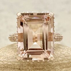 Peachy Pink Emerald Cut Morganite Diamond Halo Ring Rose Gold LS6320