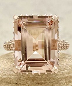 Peachy Pink Emerald Cut Morganite Diamond Halo Ring Rose Gold LS6320