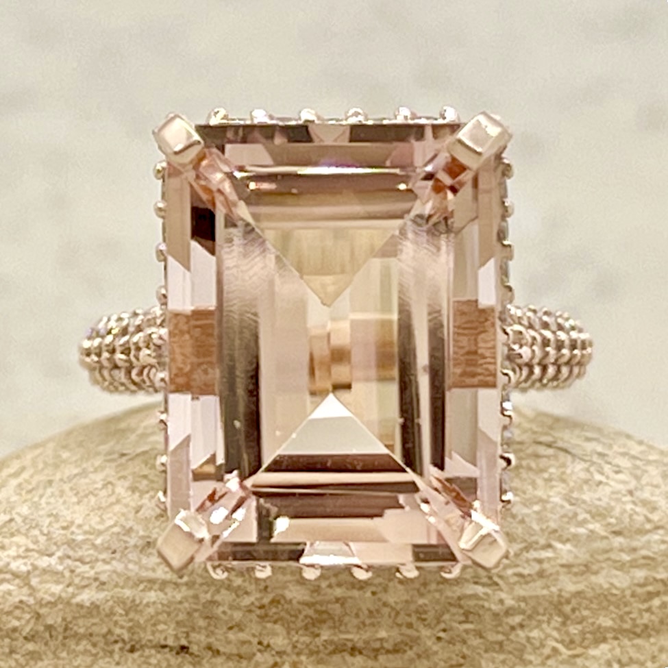 Peachy Pink Emerald Cut Morganite Diamond Halo Ring Rose Gold LS6320