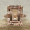 Peachy Pink Emerald Cut Morganite Ring Diamond Halo Rose Gold LS6320