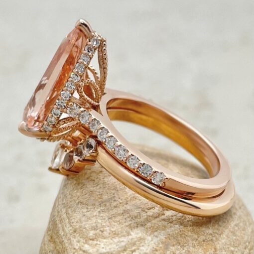 Peachy Pink Morganite Bridal Ring Set Half Eternity Rose Gold LS6779
