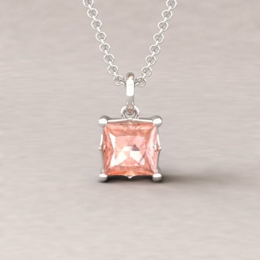 Peachy Pink Princess Cut Morganite Pendant White Gold Platinum LS6442