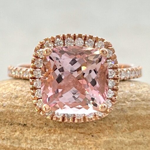 Pink Cushion Morganite Halo Ring with Diamond Shank Rose Gold LS6736