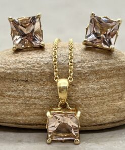 Princess Cut Morganite Gems Pushback Studs Earrings Yellow Gold LS7089