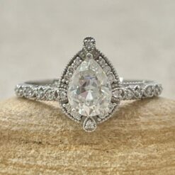 Vintage Style Engagement Ring Milgrain Halo White Gold Platinum LS6477