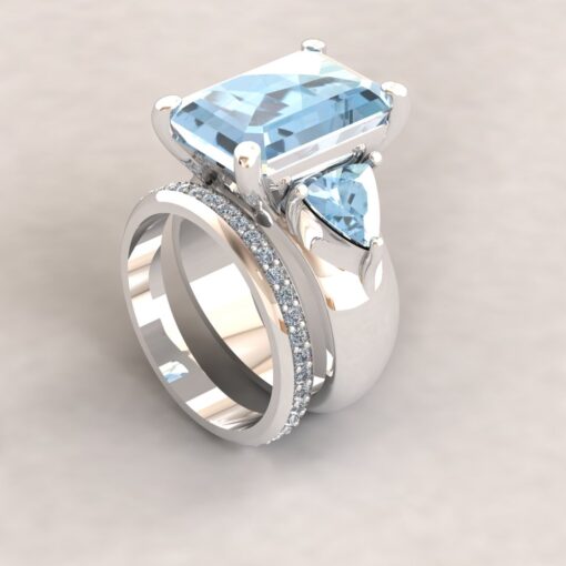 Custom Emerald Cut Aquamarine and Trillion Lab Grown Diamond Engagement ring and wedding band - Image 4