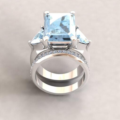 Custom Emerald Cut Aquamarine and Trillion Lab Grown Diamond Engagement ring and wedding band - Image 5