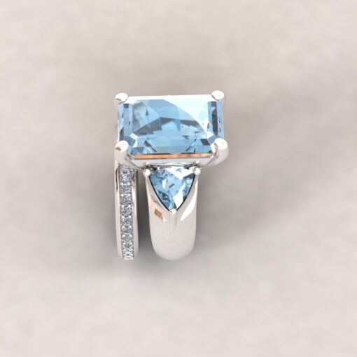Custom Emerald Cut Aquamarine and Trillion Lab Grown Diamond Engagement ring and wedding band - Image 6