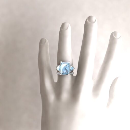 Custom Emerald Cut Aquamarine and Trillion Lab Grown Diamond Engagement ring and wedding band - Image 8