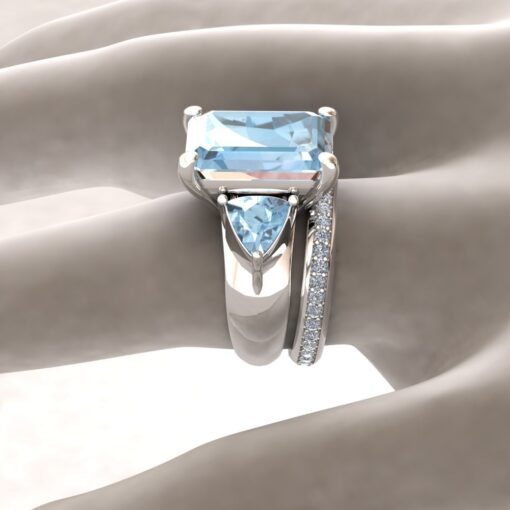 Custom Emerald Cut Aquamarine and Trillion Lab Grown Diamond Engagement ring and wedding band - Image 9