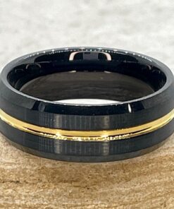 Black Tungsten Man's Band Gold Color Groove Beveled Comfort Fit LS7107