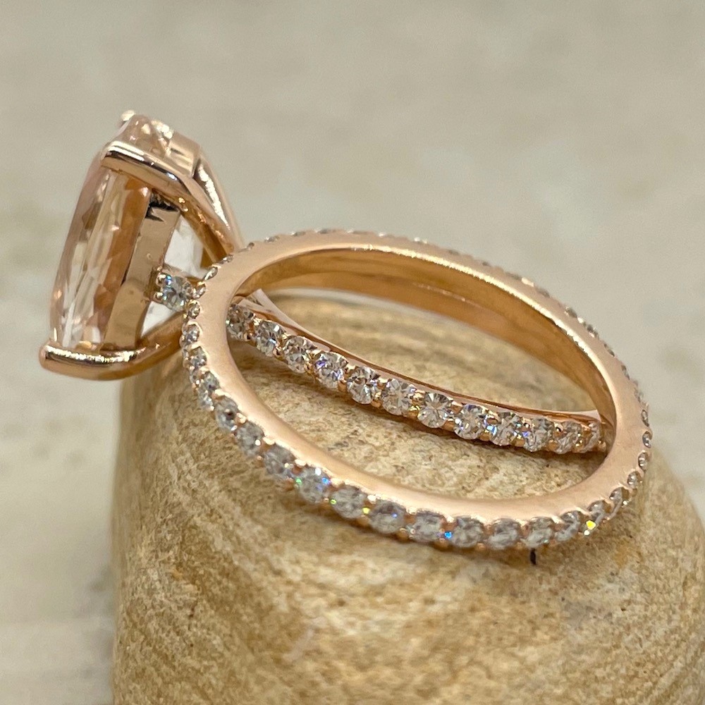 Cathedral Style Pink Oval Morganite Diamond Halo Ring Rose Gold LS6568