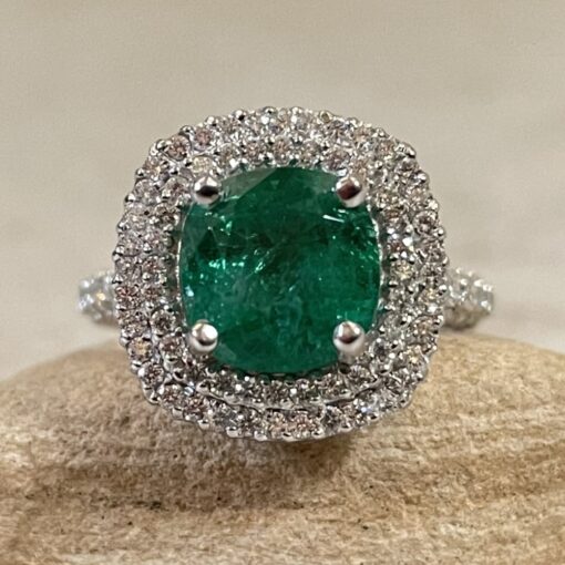 Cushion Cut Deep Green Emerald Diamond Ring White Gold Platinum LS6350