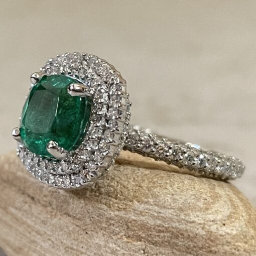 Cushion Cut Deep Green Emerald Ring Halos White Gold Platinum LS6350