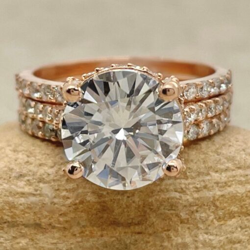 DEF Moissanite Bridal Ring Set Matching Diamond Bands Rose Gold LS6457