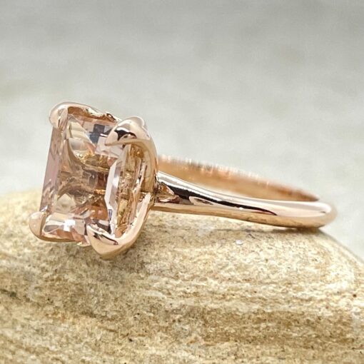 Emerald Cut Peach Morganite Handmade Lily Prongs Ring Rose Gold LS5856