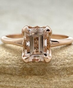 Emerald Peach Morganite Flower Prong Solitaire Ring Rose Gold LS5856