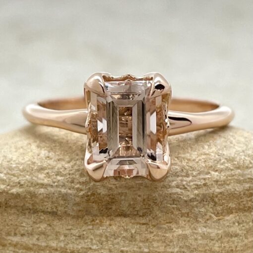 Emerald Peach Morganite Flower Prong Solitaire Ring Rose Gold LS5856