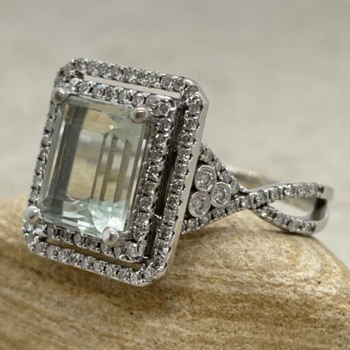 Green Amethyst Emerald Cut Ring Double Halo White Gold Platinum LS5027