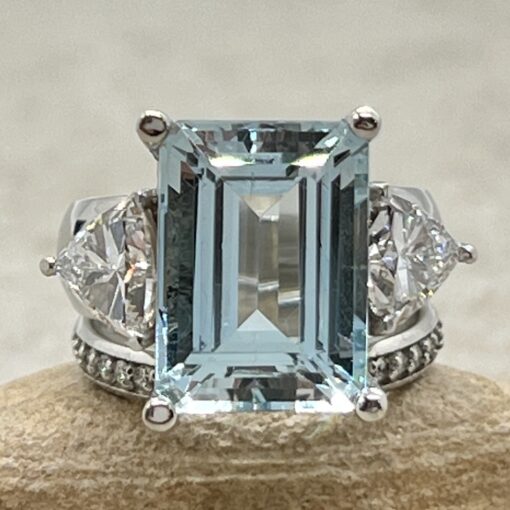 Custom Emerald Cut Aquamarine and Trillion Lab Grown Diamond Engagement ring and wedding band - Image 2