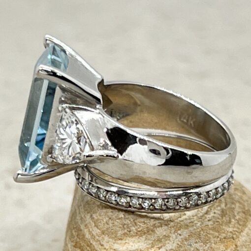 Custom Emerald Cut Aquamarine and Trillion Lab Grown Diamond Engagement ring and wedding band - Image 3