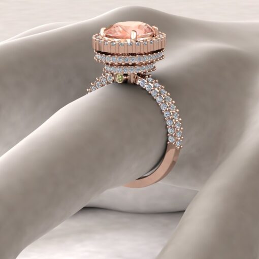 Oval Peachy Pink Morganite Ring Diamond Hidden Halo Rose Gold LS7114