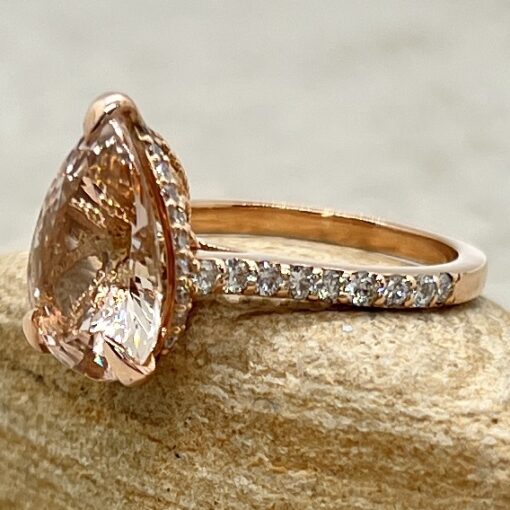 Peachy Morganite Pear Cut Engagement Ring Hidden Halo Rose Gold LS6796