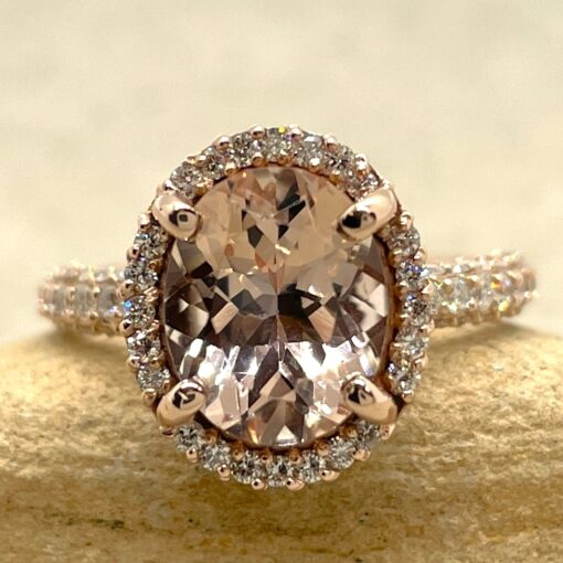Peachy Oval Cut Morganite Diamond Engagement Ring Halo Rose Gold LS647