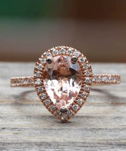 Pear Cut Peach Morganite Diamond Halo Engagement Ring Rose Gold LS6843